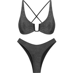 ZAFUL Women's Two Piece Swimsuit Textured U-Wired Metal Criss Cross String Bikini High Leg Bathing Suits (Large, Shine-black-1)