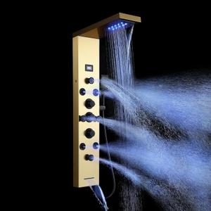 POPFLY LED Rainfall Waterfall Shower Panel Tower System, 4 Body Jets and 4 Mist Spray, 3-Function Handheld Shower, Stainless Steel Shower Tower with Temp Display, Brushed Gold