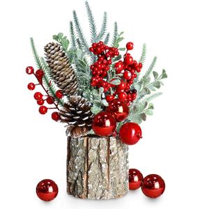 TPSCSH Christmas Decoration - Red Centerpieces for Tables 13.7Inch Pencil Xmas Tree Artificial Mini Christmas Tree with Pinecones Small Table Christmas Tree for Winter Holiday Home Decor
