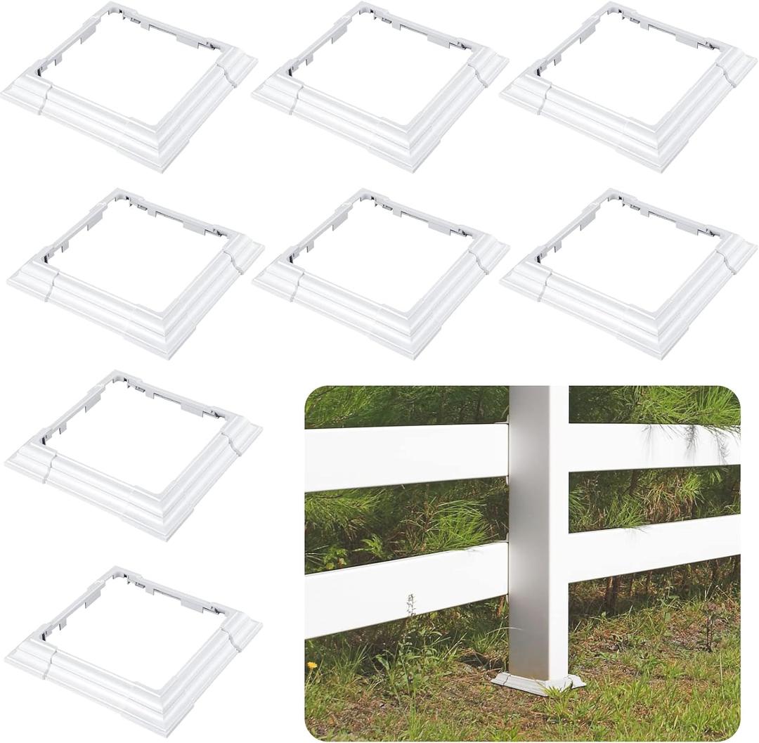 6 x 6 Inches Vinyl Post Sleeve Adjustable Vinyl Post Skirt White Base Porch Column Wraps for 3 to 6.5 Inch Wood Stair Rails(White,8 Pack)
