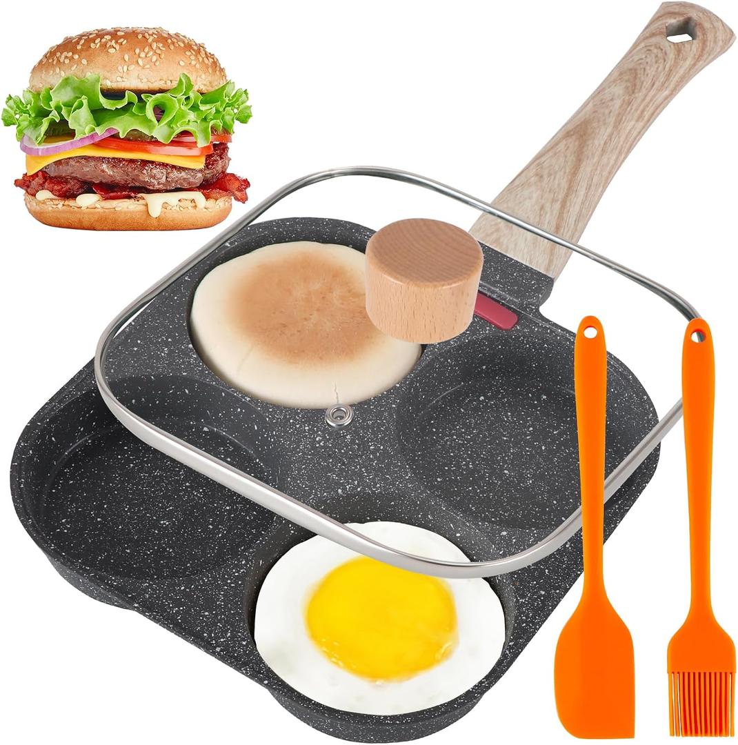 AHFLRTO 4 Cup Egg Pans Nonstick, Aluminum Omelette Pan with Lid, Healthy Egg Skillet for Eggs, Pancakes, Crepes, Sandwiches, Compatible with Gas Stove & Induction Cooktop