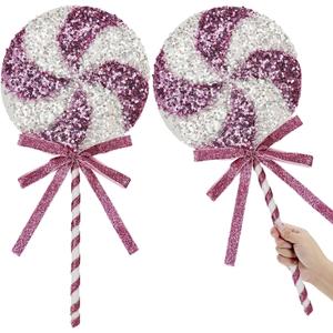 2 PCS Jumbo Sequin Candy Peppermint Christmas Decorations Glitter Candy Cane Lollipop Ornaments Tree Topper Picks Tied Bows Decorative Xmas Sprays Sweets Craft Home Decor (Pink, 11"x26.8")