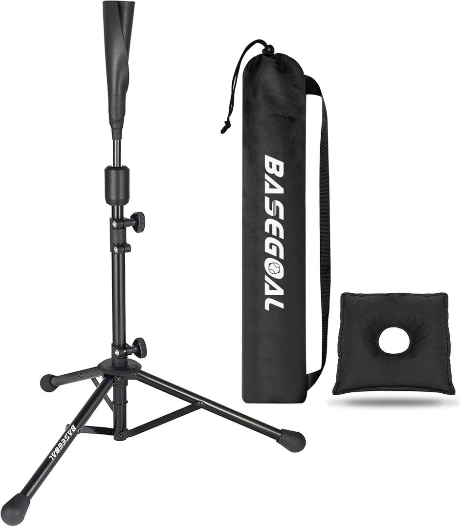 BaseGoal Batting Tee Baseball Tee,Softball Travel Portable Tee Tripod Stand Rubber Tee for Batting Training Practice with Carrying Bag (Black)