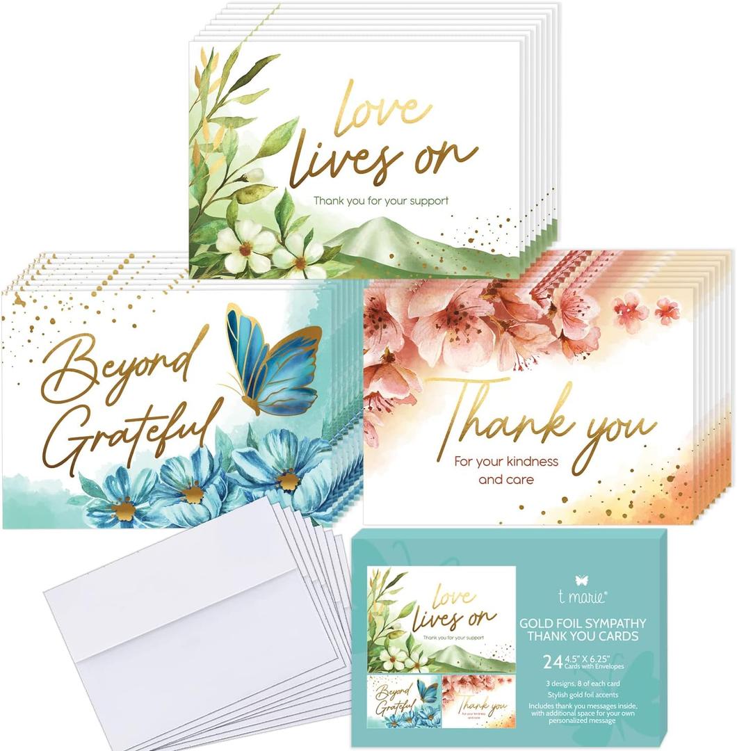 T MARIE 24 Gold Foil Funeral Thank You Cards With Message Inside - 4.5 x 6.25 Floral Bulk Sympathy Flower Thank You Cards with Words Inside - Bereavement Thank You Notes With Envelopes
