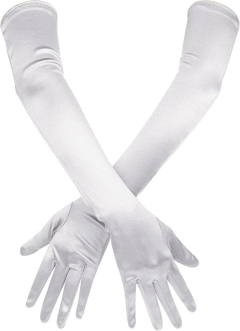 VIBILIA Long Opera Gloves for Women, 1920s Satin Tea Party Gloves Costume, Stretchy Adult Size Glove for Wedding Bridal Dress (White)