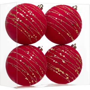 Hollyone 3.94" Large Red Velvet Christmas Balls Ornaments, 4PCS Flocked Balls Shatterproof Decorative Hanging Ornament Christmas Tree Decorations Set for Wedding Winter Holiday Party Wreath Home Decor