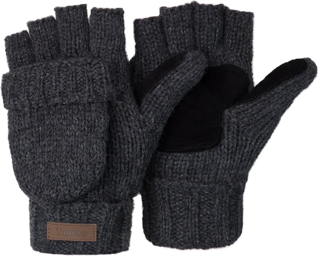 ViGrace Winter Knitted Convertible Fingerless Gloves Wool Mittens Warm Mitten Glove for Women and Men (Medium, Dark Grey)