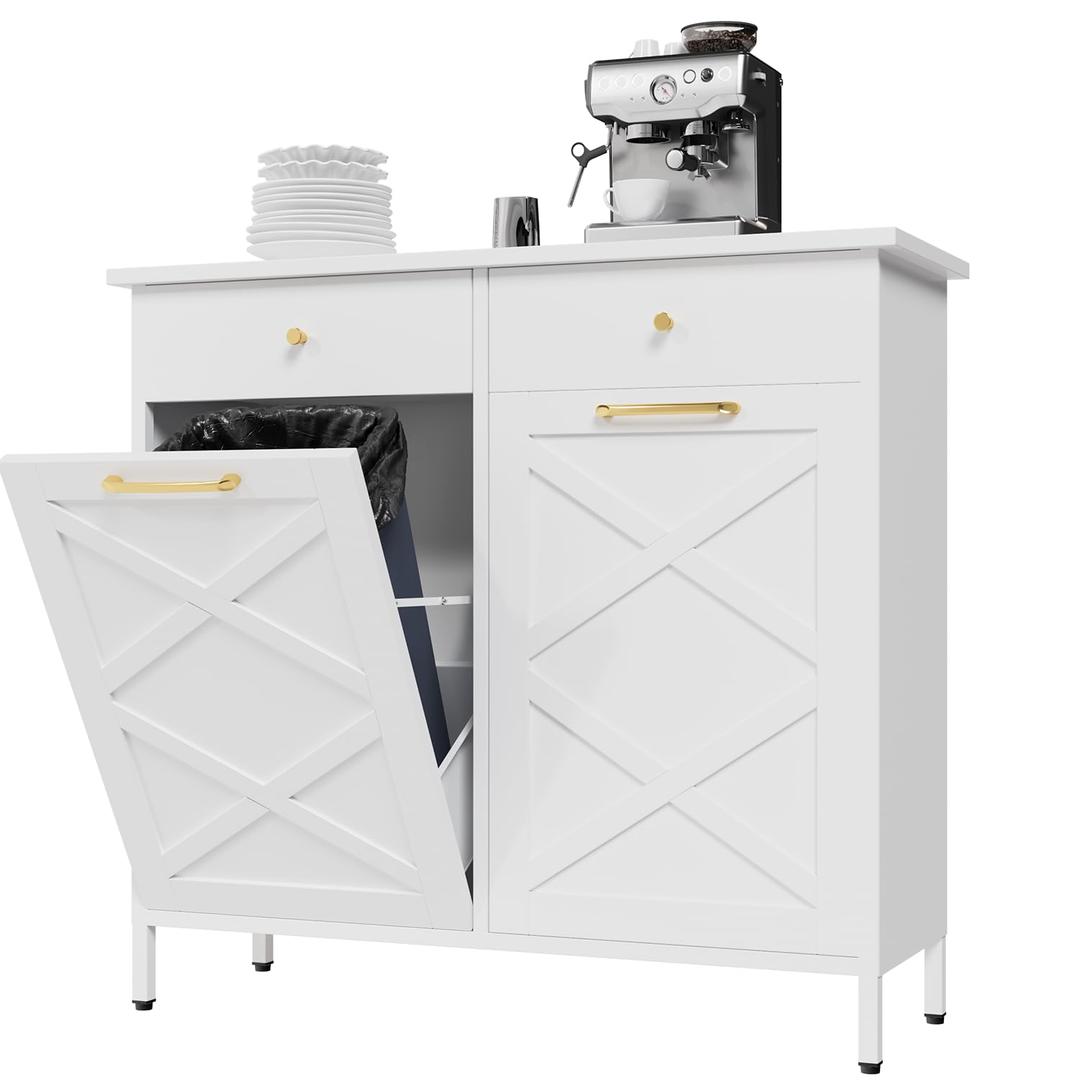 JFHID Double Tilt Out Trash Can Cabinet, 20 Gallon Garbage Cabinet with 2 Drawers, Hidden Trashcan Garbage Recycling Cabinet, Dog Proof Trash Can for Kitchen and Living Room, White