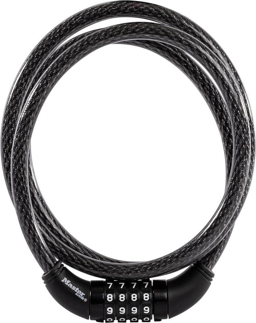 Master Lock Black Set Your Own Combination Bike Lock, Metal Cable Lock has a Weather Resistant Vinyl Coating for Outdoor Durability, 5 Feet Long, 8370D