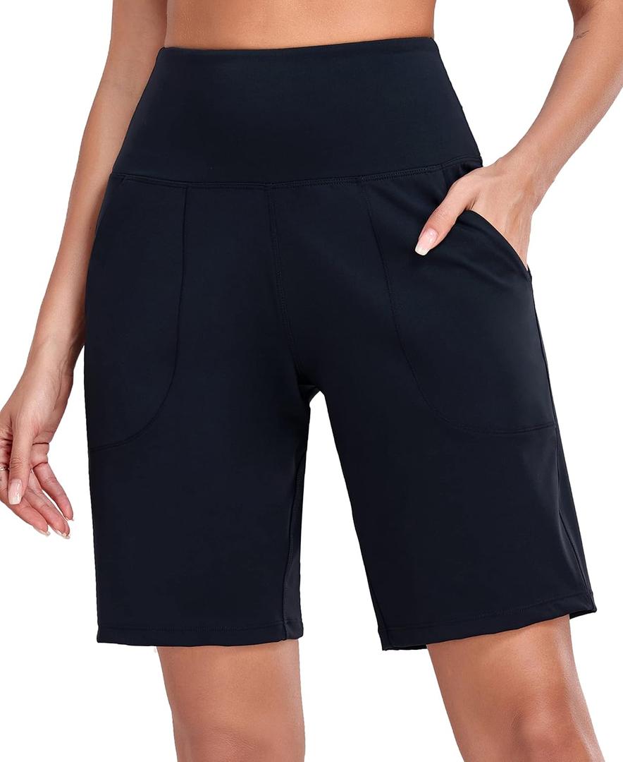 Oalka Women's High Waisted Shorts Yoga Workout Bermuda Long Hiking Shorts with Pockets (Medium, 10" Black)