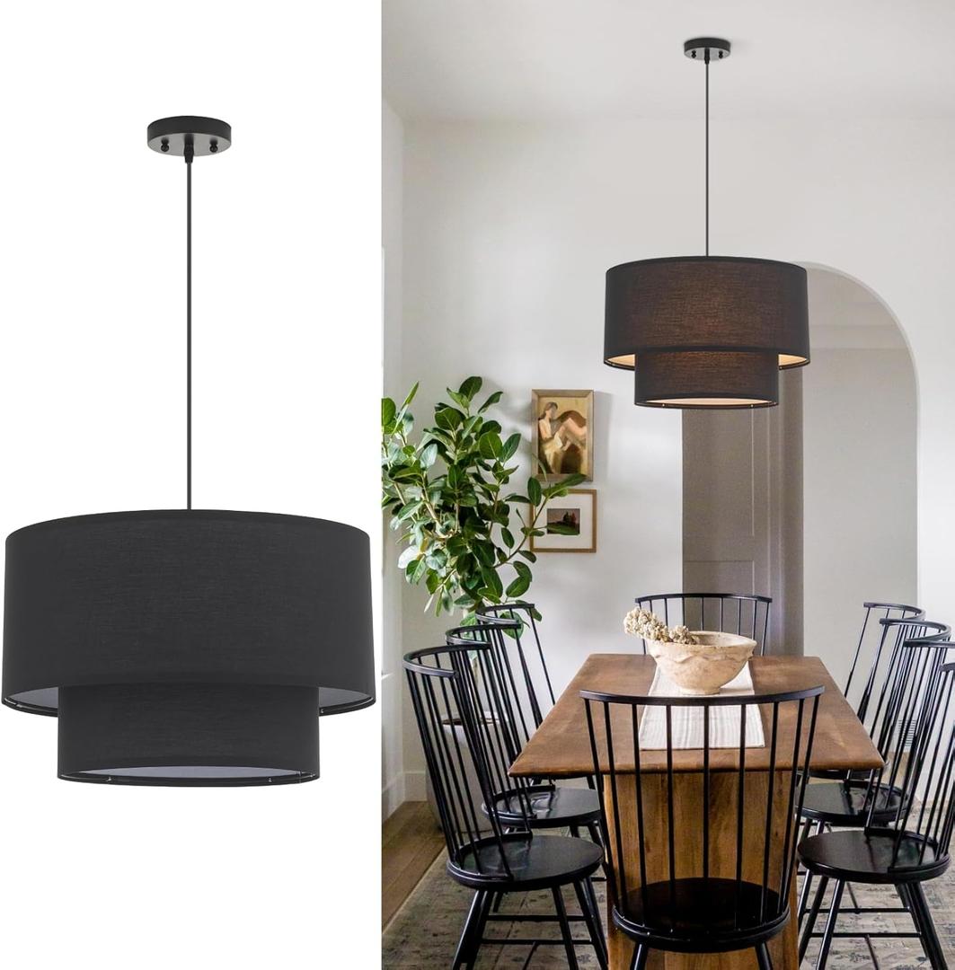 VILUXY Modern Black Chandelier Fabric Pendant Light Fixture Double Drum Shade Hanging Ceiling Chandelier 3 Lights Round Linen for Bedroom Dining Room Living Room Foyer