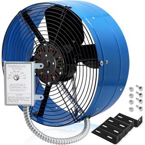 Hiorucet Upgraded 15 Inch Gable Vent Exhaust Fan, 1600CFM 2400 SQF High Performance Low Noise Gable Mount Attic Fan with Adjustable Thermostat, 14 Inch Blade and Permanently Lubricated Motor, Blue.