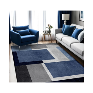 Washable Low-Profile Geometric Area Rug, 0.2 inch Thin Abstract Rug Design for Living Room & Bedroom Decor, 5x7 ft Blue Grey Modern Non-Slip Floor Rug