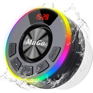 MuGo Bluetooth Shower Speaker, 360 HD Stereo Sound, IPX7 Waterproof Wireless Speaker Bluetooth 5.3 with RGB Lights, Suction Cup and Microphone, Small Shower Radio for Home/Party/Outdoor/Gifts (Black)