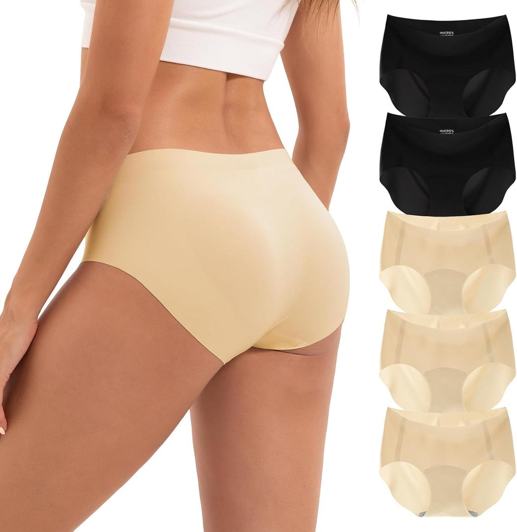 INNERSY Women's Seamless Underwear No Show Invisible Lightweight Hipster Panties 5-Pack (Large, Black/Nude)