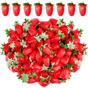 Lyrow 150 Pcs Artificial Strawberries Faux Realistic Strawberry Decor Plastic Simulation Fake Strawberries Lifelike Fruit for Photography Prop Cabinet Party (3.15 Inch)