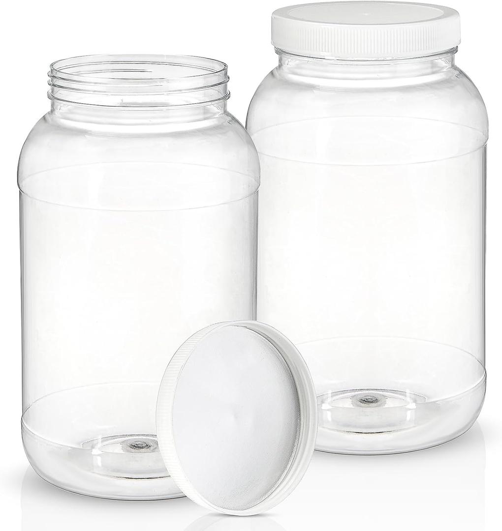 ZOOFOX 2 Pack Plastic Jars with Lids, 1 Gallon Wide Mouth Storage Containers, Empty Plastic Jars for Kitchen & Household Storage of Dry Goods, Peanut, Candy, Noodles