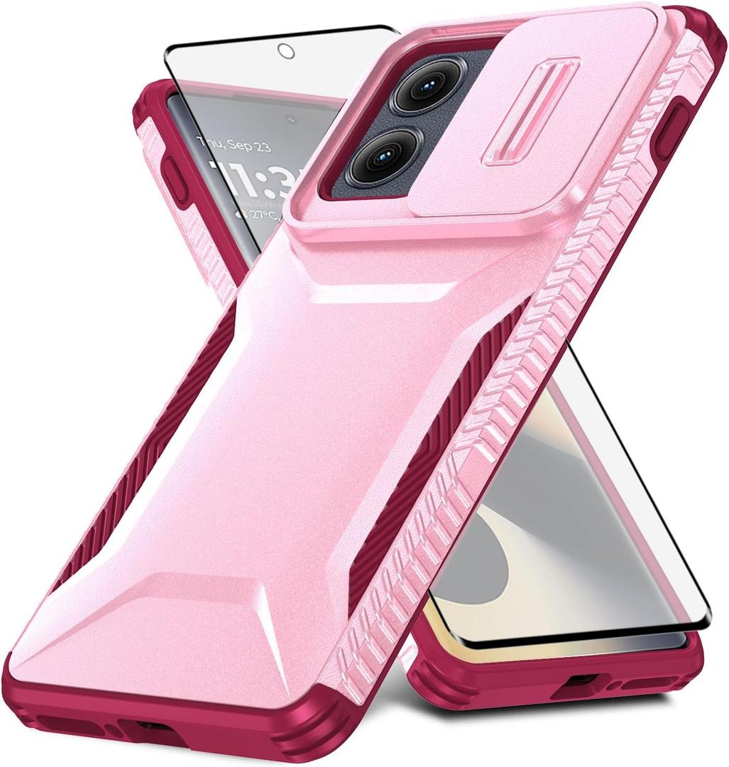 Asuwish Phone Case for Motorola Moto Edge 2024 with Tempered Glass Screen Protector and Slide Camera Cover Slim Rugged Hybrid Shockproof Protective Cell Accessories MotoEdge 2024 5G Women Men Pink
