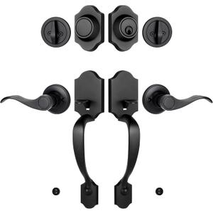 Double Front Door Handle Set with Dummy and Deadbolt, Entry Front Door Lock Set with Classic Half Grip Curved Door Handle for Exterior Doors or Office, Matte Black