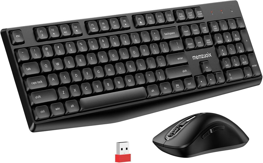 Wireless Keyboard and Mouse Combo, memzuoix 2.4G Full-Size Ergonomic Keyboard Mouse Set, Lag-Free Cordless One USB Receiver for PC, Laptop, Windows, Mac (Black Keyboard + Black Mouse)