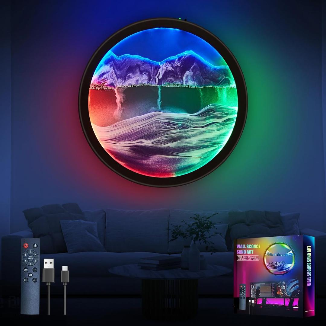 KOKBNR 17.6'' Moving Sand Art Liquid Motion Picture Rechargeable Battery Operated Wall Sconce 360 Rotate Color Changing Lamp Led Wall Art Sand Relaxing Craft For Bedroom Living Room Office Wall Decor (17.6 inch, Purple)