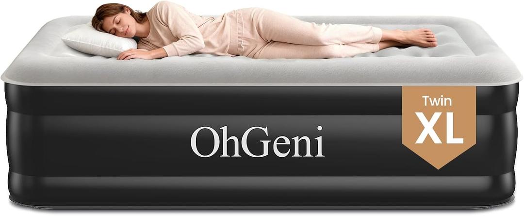 OhGeni Twin XL Air Mattress with Built in Pump for Guest, 18'' Colchon Inflables Blow Up Air Bed with Carrying Bag for Camping, Raised Elevated Double Airbed, Foldable & Portable Air Mattress, Black