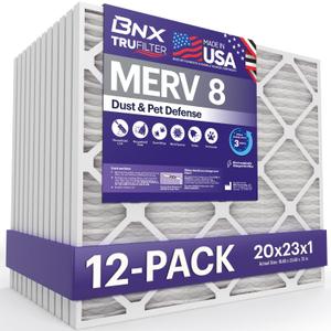 BNX TruFilter 20x23x1 Air Filter MERV 8 (12-Pack) - MADE IN USA  Dust & Pet Defense Electrostatic Pleated Air Conditioner HVAC AC Furnace Filters for Dust, Pet, Mold, Pollen MPR 600  700 & FPR 5