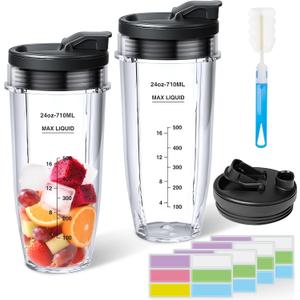2-Pack 24oz Blender Cups Replacement for Ninja with Sip, Seal Lid, Cleaning Brush & 24pcs Writable Labels, for Ninja BN401 BN751 BN801 BN800 BL450 BL456 BL480 Foodi SS401 SS101 TWISTi SS151 SS351 ...