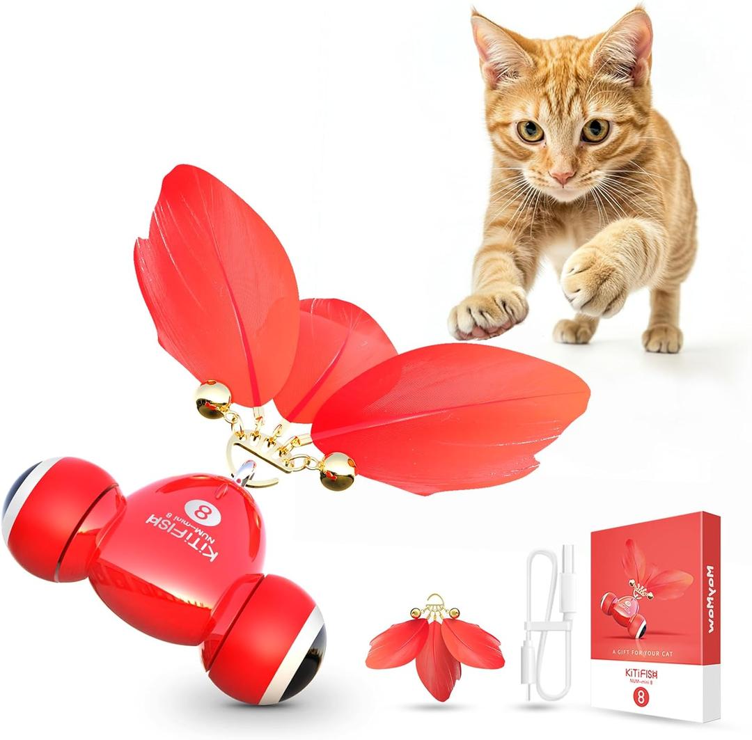 KiTiFISH 2025 Upgrade Interactive Cat Toy, Automatic Cat Toy with Motion Activation, USB Rechargeable, Fast Rolling on Thin Carpet, Fun Exercise Toy for Indoor Cats, Durable Feather Tail and Bell (Rose red)