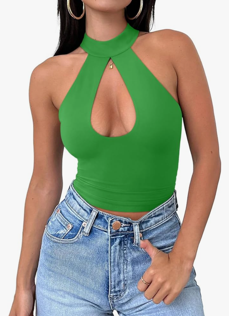 REORIA Women's Sexy Criss Cross Halter Neck Crop Tops Trendy Sleeveless Y2K Nightout Clubwear Going Out Tops 2 XL