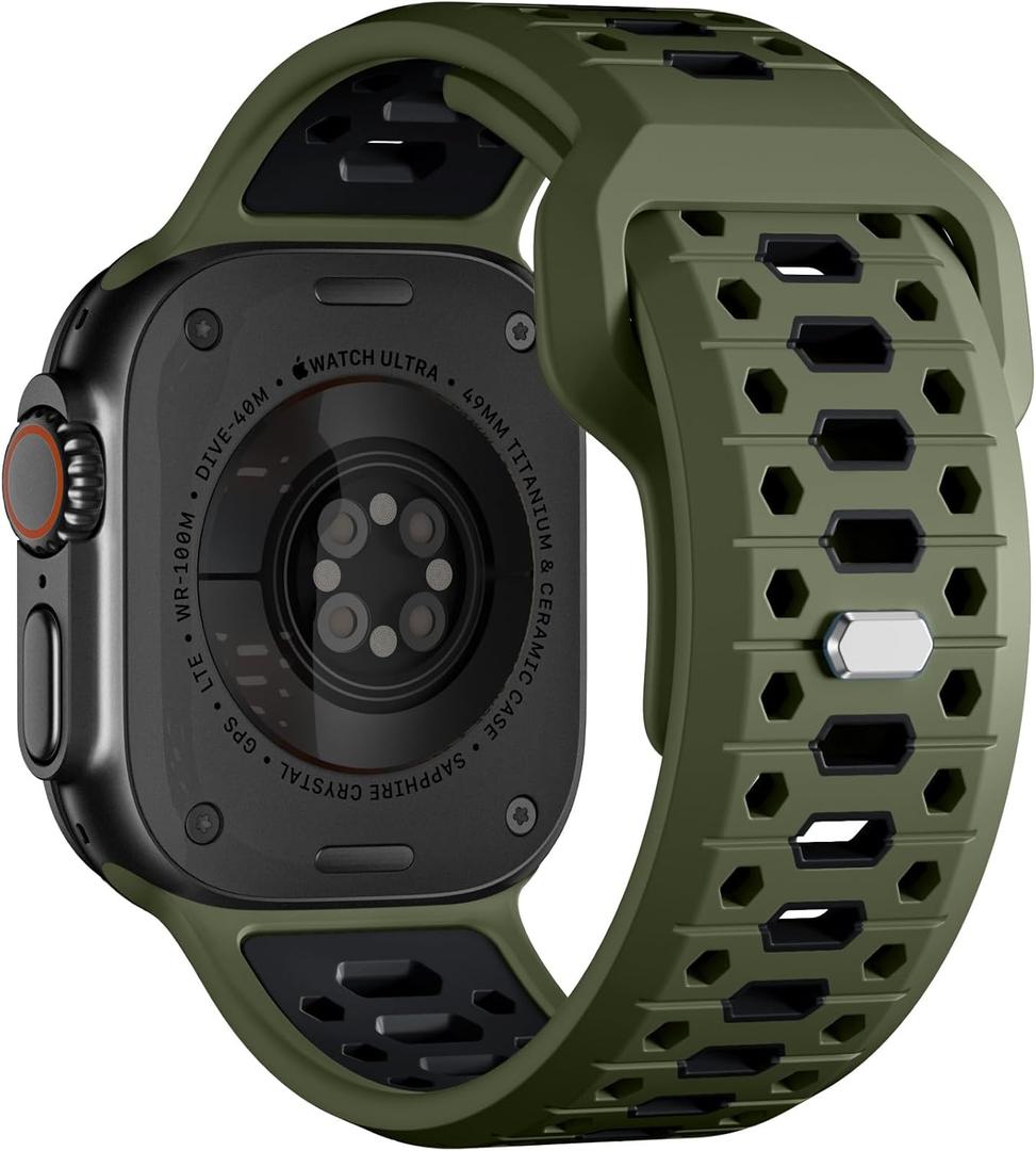 Maledan Compatible with Apple Watch Ultra 2 & Ultra 3 & Ultra Band, 45mm 46mm 49mm 42mm, Sport Silicone Strap Compatible with iWatch Bands Men 44mm, Honeycomb Band for Apple Watch Series 11 10 9-1 SE Ultra 3/2/1 (Black/ Army Green)
