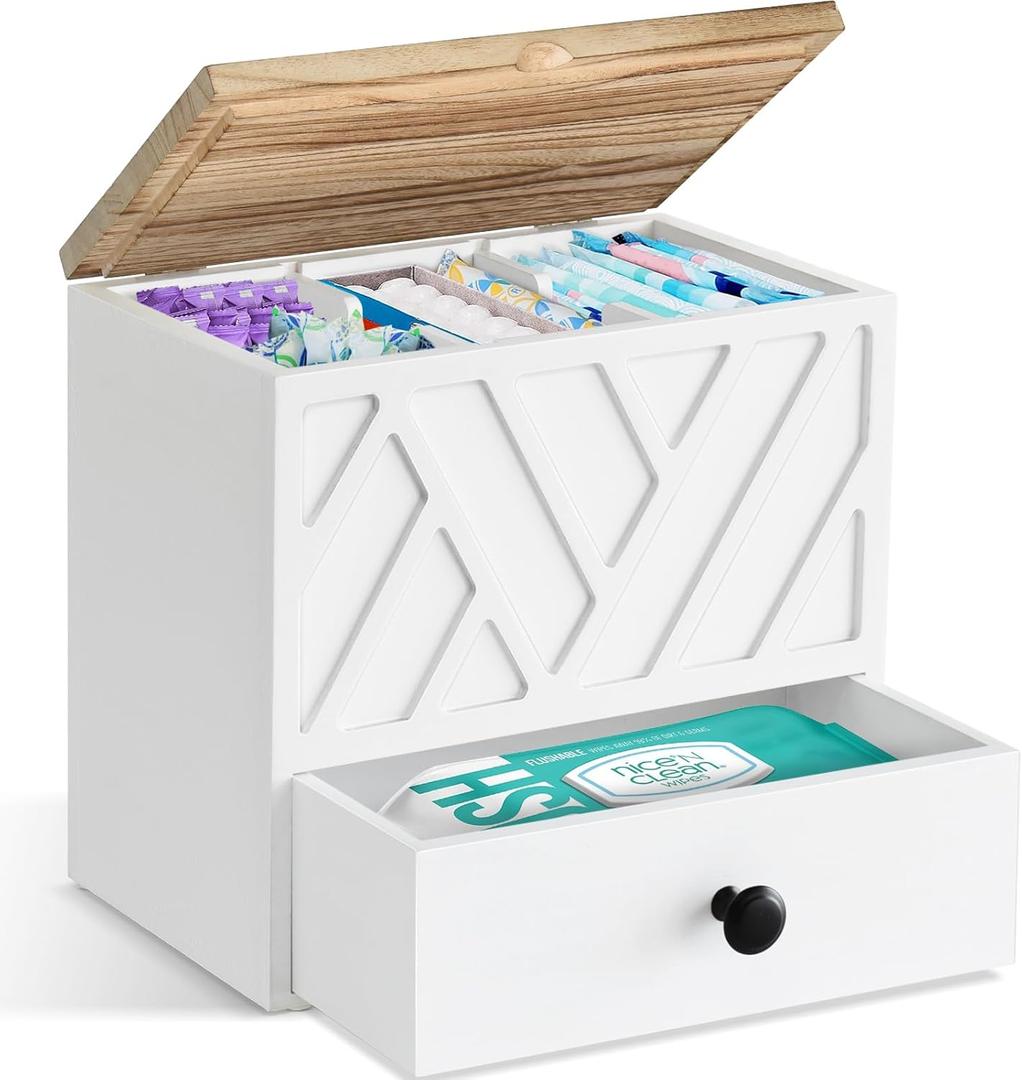 Tampon Holder for Bathroom Decor, Feminine Product Organizer with Lid and Drawer, Shark Week Tampon Storage, Wood Pad and Tampon Organizer for Toilet Organizer, Bathroom Accessories Box for Girl Stuff (White)