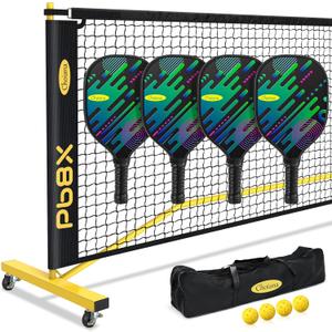 Pickleball Net Set, Portable Pickleball Set w/Wheels, 11ft & 22ft Regulation Size Pickel Ball Net, Set of 4 Balls and Paddles, Heavy Duty Frame for Backyard Driveway Outdoor