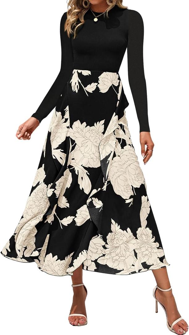 BTFBM Womens Floral Maxi Dress Fall 2025 Casual Crewneck Long Sleeve Ruffle Flowy Cocktail Wedding Guest Dresses (Medium, White Floral Black)