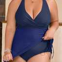 B2prity Women's Plus Size One Piece Swimdress Swimsuit Tummy Control Slimming Swim Dress Mesh Drawstring Skirted Bathing Suit (Blue, XL)