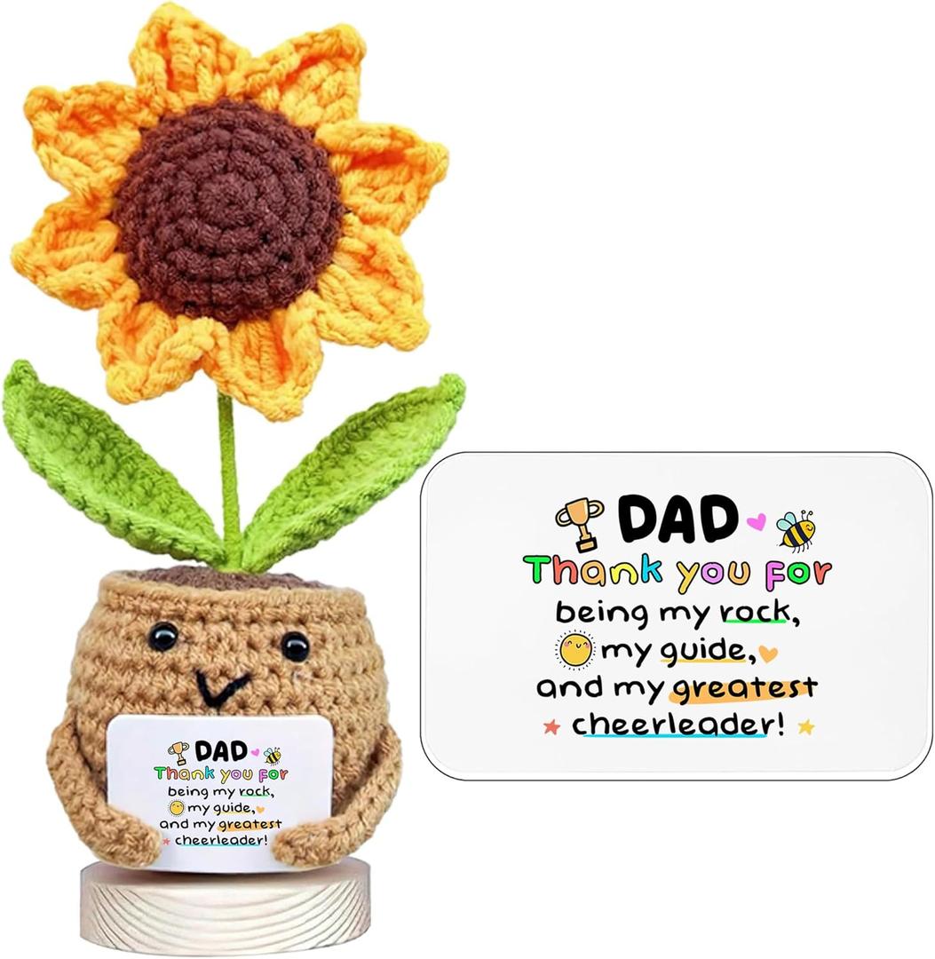 Gossby Positive Sunflower Doll Crochet with Card - Dad Thank You for Being My Rock - Gift for Dad from Daughter, Son, Kid - Fathers Day, Christmas, Birthday Gift - Sentimental Present Idea for Father