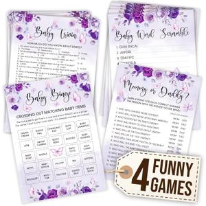 Butterfly Baby Shower Games For Girls - 4 Funny Baby Games For Babies Shower Girl, Bingo Cards, Word Scramble Mommy Or Daddy Game, Purple Butterfly Decorations