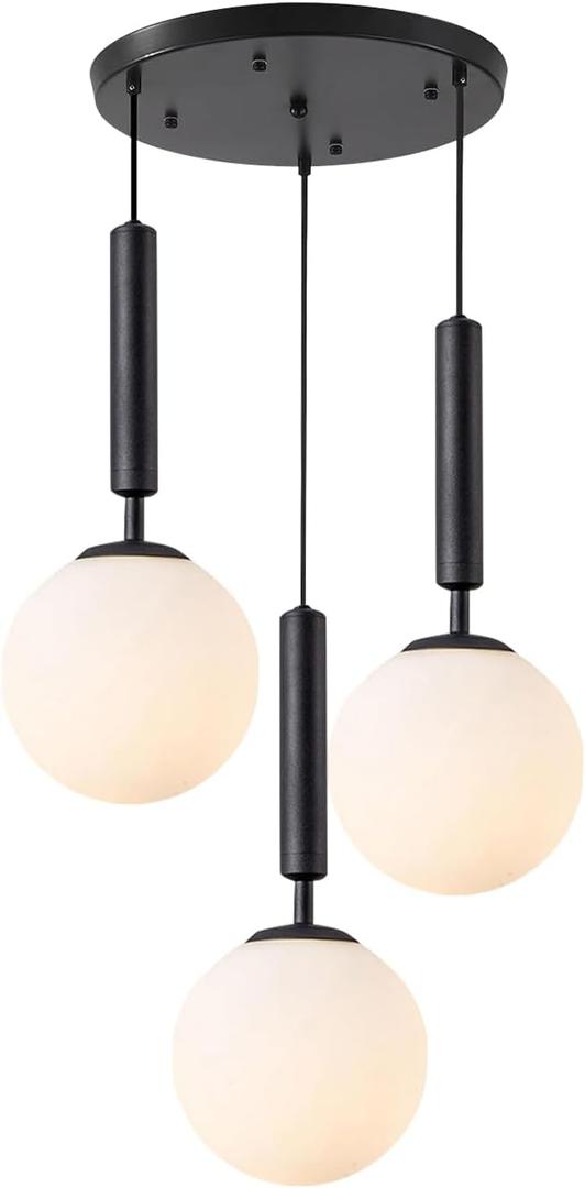 BOKT 3 Light Globe Cluster Pendant Light Modern Black Hanging Pendant Light Fixture White Milk Glass Vintage Farmhouse Pendant Lights Kitchen Island Adjustable Height Stairwell Lighting Chandelier