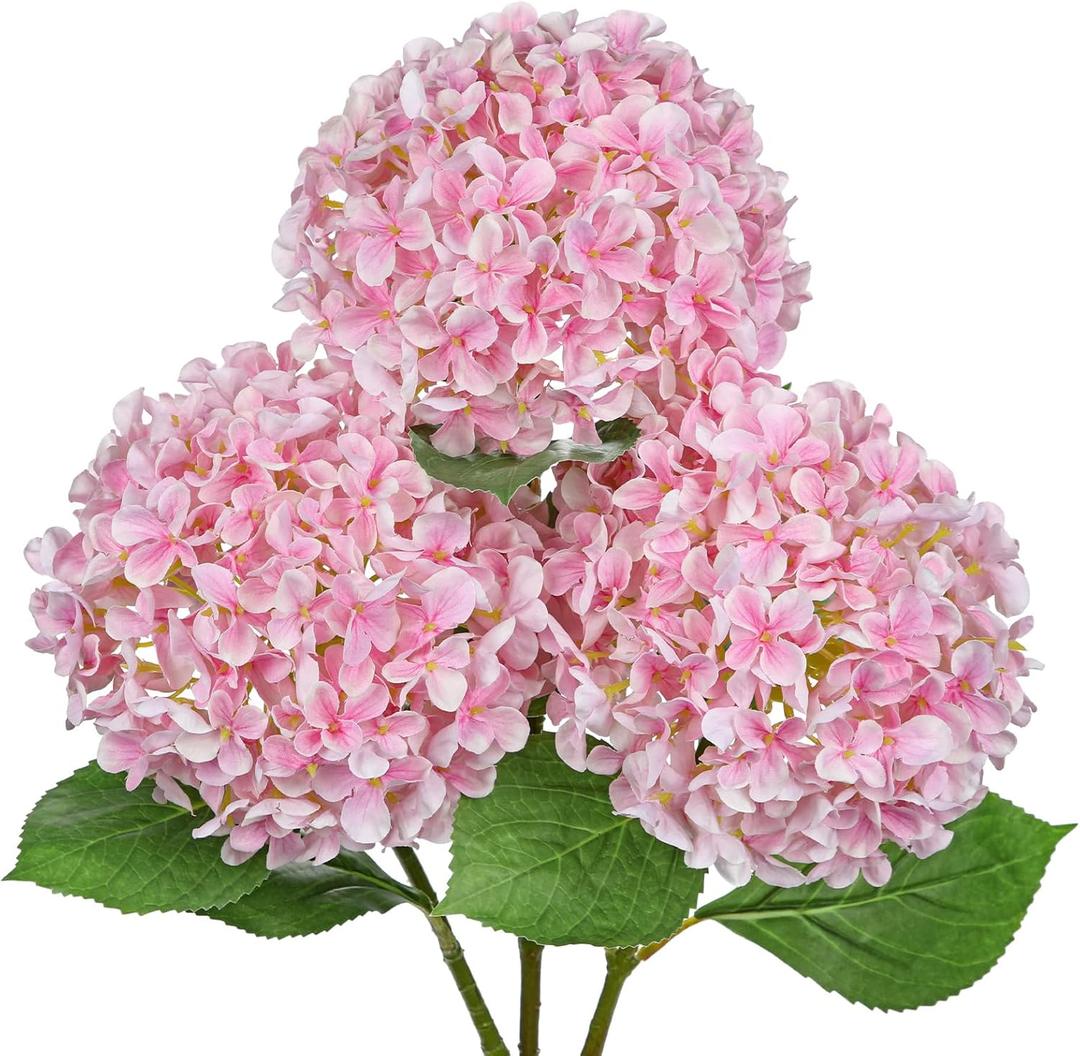 26" Artificial Hydrangea Flower with 6.6" Large Bloom, Realistic Gradient Silk Flowers, Faux Hydrangeas for Home Wedding Centerpiece Decor, Big Petal Fake Floral Arrangement, Indoor Outdoor Display (3PCS, Pink)
