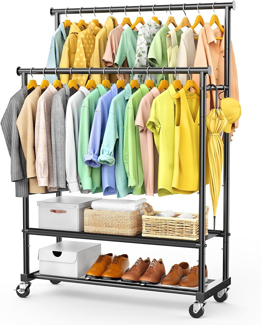 Clothes Rack with Double Rod for Hanging, Heavy Duty Clothing Rack Load 350 LBS with Lockable Wheel, Free Standing Garment Rack with 2 Shelves and Side Hooks for Home Commercial (Black)