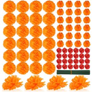 72 Pcs Marigold Flower Heads Bulk Day of The Dead Multicolor 1.2'' 2'' 3.5'' Silk Mexican Marigold Flowers with Stems DIY Garland Craft Supplies for Party Home Decor (Red Orange)