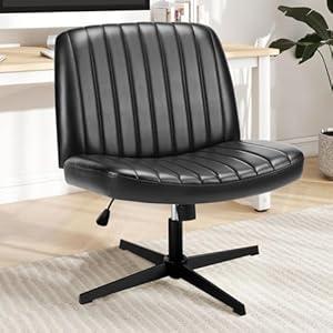 DUMOS Criss Cross Chair Legged Office Wide Comfy Desk Seat, No Wheels Armless Computer Task Seating, Swivel Vanity Home Height Adjustable, Black 
