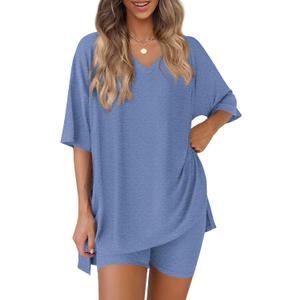 PRETTYGARDEN 2 Piece Sets for Women Summer 2026 Lounge Short Set Spring Matching Biker Shorts V Neck Oversized Shirt Clothing, Large