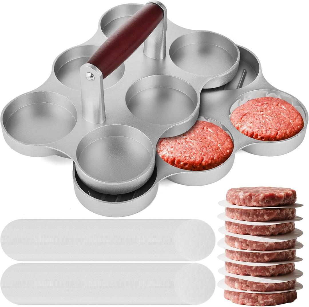 Mini Burger Press Small Meat Patty Maker with 300 Patty Papers Round Shape Press Patty Maker for Mini Hamburger, Barbecue, Picnic, Camping, Six 2.64-inch molds (6 Slots+300 Patty Papers)