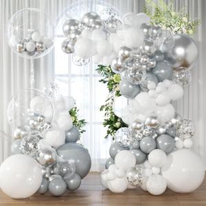 White Silver Balloon Arch Kit Garland with Grey Clear Balloons for Birthday Winter Wonderland Baby Shower Bridal Shower Engagement Wedding Anniversary Party Decorations