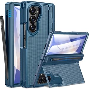 Caka for Samsung Galaxy Z Fold 6 Case [Thinner S Pen Holder] [Invisible Kicktand] [Hinge Protection] [Screen Protector] Full Body Hard Shockproof Phone Cover with Anti-Slip Textured for Fold6 - Blue