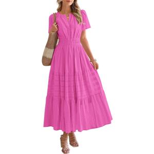 BTFBM Womens Summer 2025 Casual Midi Maxi Dresses Lightweight Short Sleeve V Neck Elastic Waist Boho Beach Dress Pockets (Large, Rose Red)
