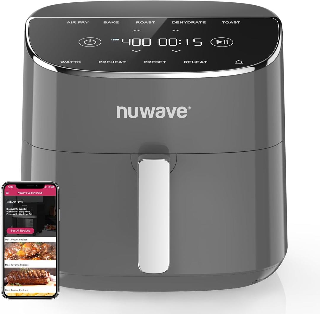 Nuwave Brio Plus Air Fryer 8 Qt, New & Improved, PFAS-FREE, 7 Digital One-Touch Cook Functions that AIR FRY, BAKE, ROAST, DEHYDRATE, TOAST, REHEAT, PREHEAT, 150 Presets, 50F~400F (Cool Gray)