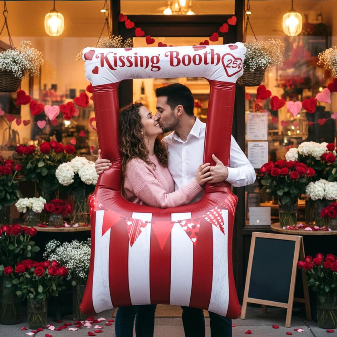 55 Inch Valentines Day Kissing Booth Photo Frame Inflatable Balloon Decorations Valentines Inflatables Outdoor Decorations Photo Backdrop Booth Selfie Frame Background for Party Supplies
