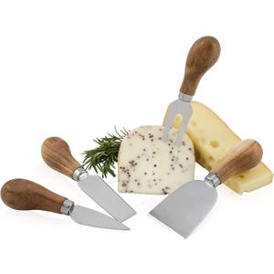 True Gourmet 4-Piece Stainless Steel Cheese Knife Set with Acacia Wood Handles for Charcuterie Board, Includes 3 Knives & 1 Fork, Hosting Essentials